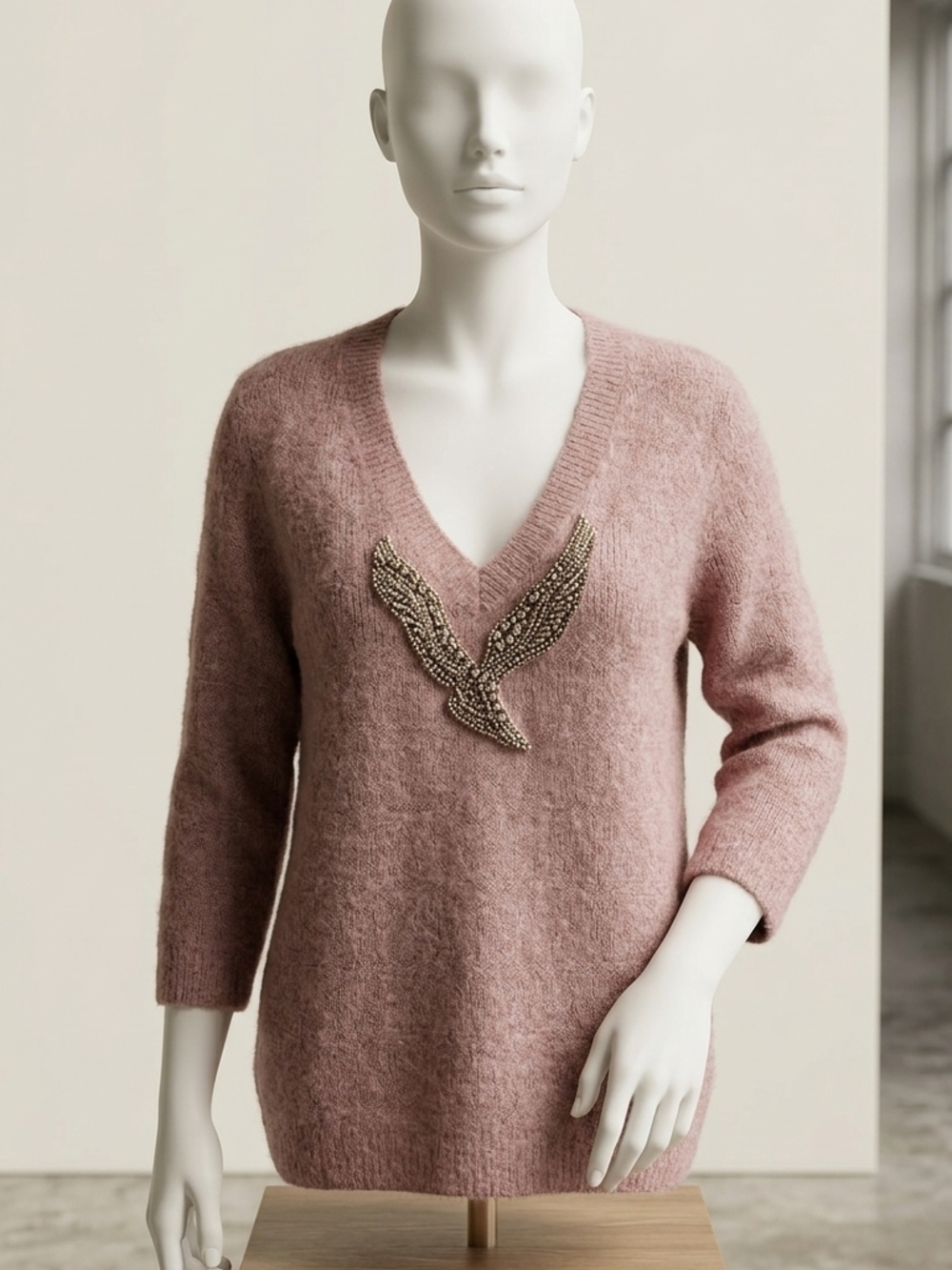 Soft V-Neck Beaded Detail Sweater - Dusty Rose